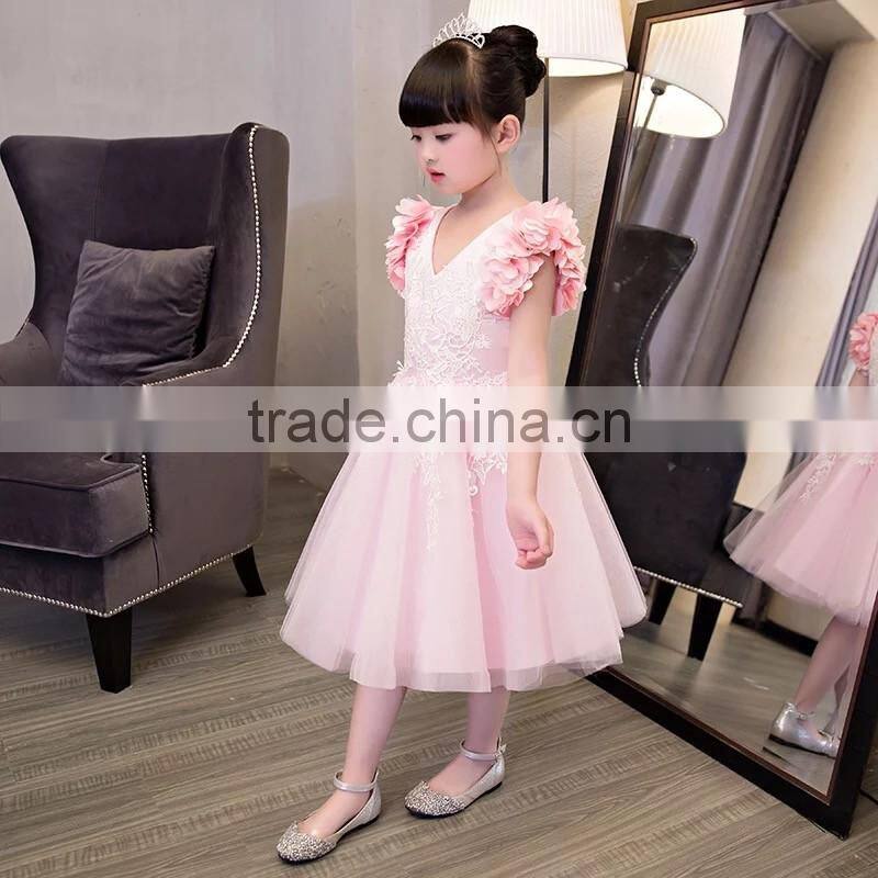 New baby frock design 2017 sleeveless Pink and Gray Embroidery flower V collar Vietnam party dresses Chiffion wedding dresses