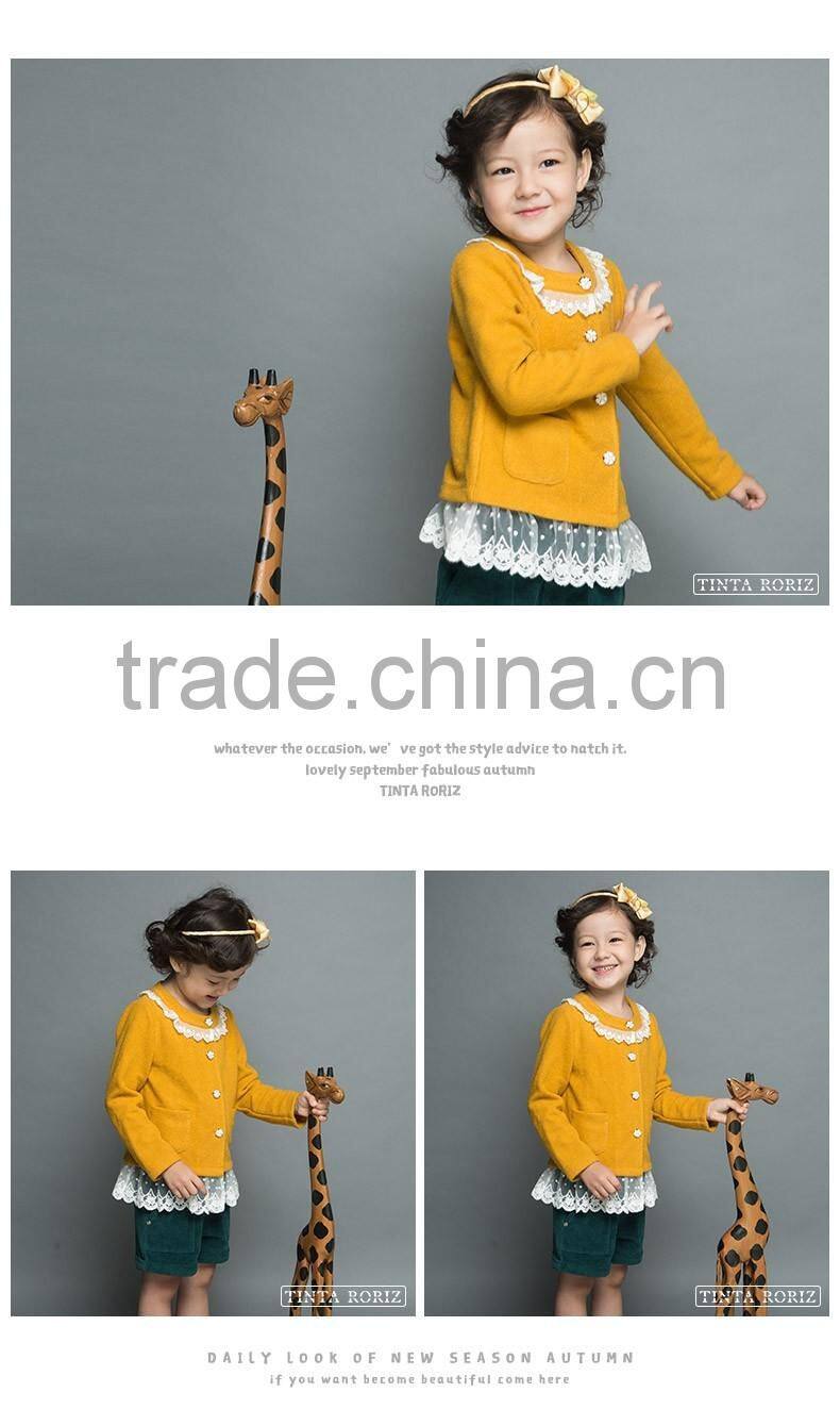 Long Sleeve Girls Knitted Outfits With Lace Girls Boutique Clothing For 2017 Spring Children Clothing OEM Service