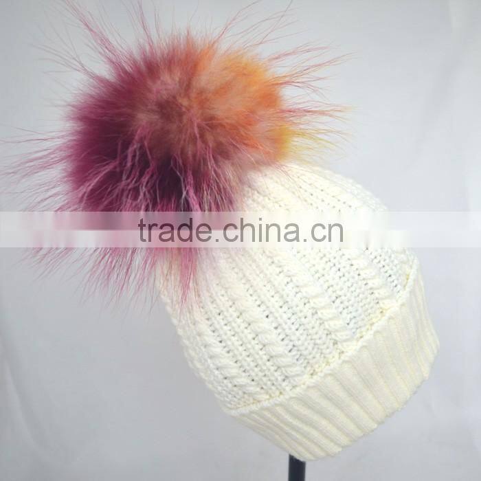 Myfur Elegant Women White Color Wool Blend Hat and Cap with Fur Ball Top