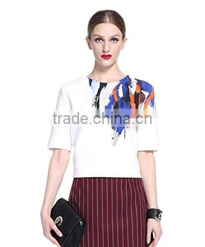 Women's half sleeve thick fabric neck printing elastic white t shirt wholesale clothing
