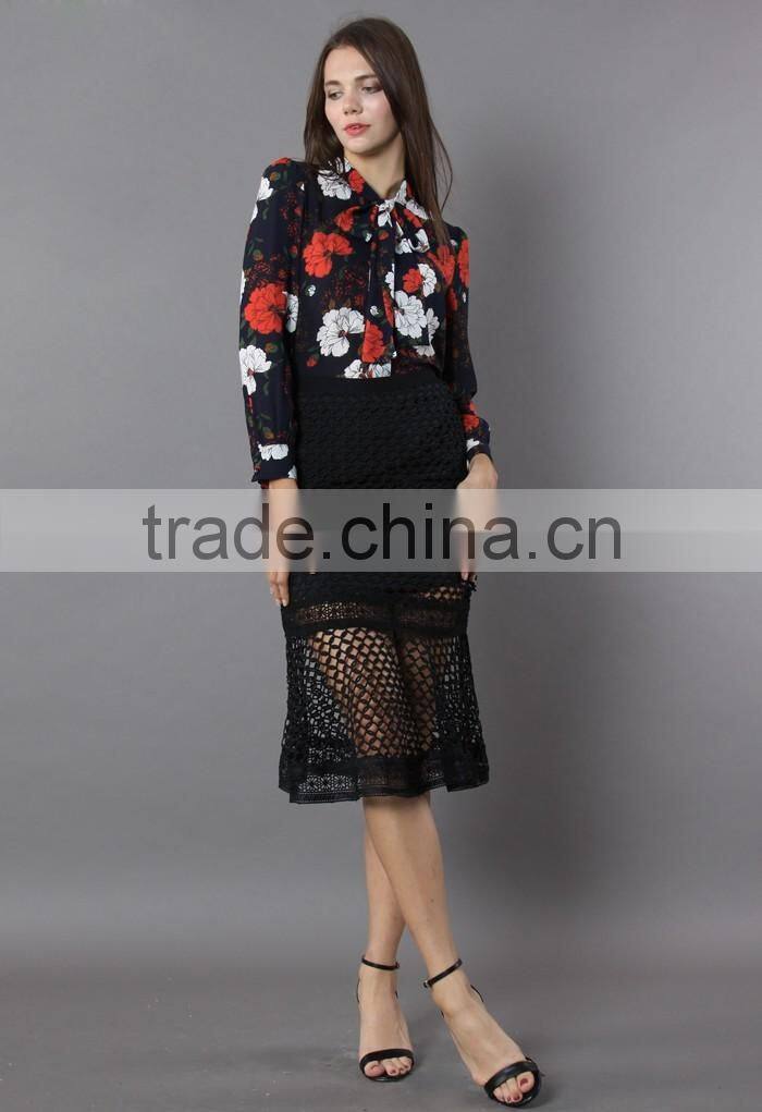 2016 Guangzhou Shandao New Design Summer Hot Selling Women Party Wear Black Slim Fit Lace Long Skirt Models