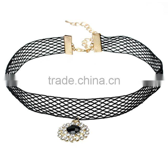 Gold Plated Black Mesh Round Pendant Clear Rhinestone Terylene Necklace