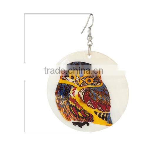 Silver Tone Hook Round Yellow Halloween Owl Pattern Fashion Shell Dangle Earrings 6.5cmx4.5cm