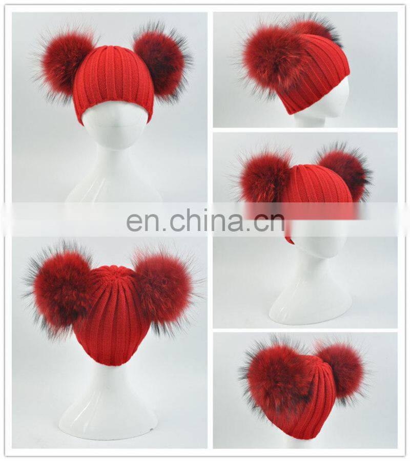 High Quality Kids Knitted Beanies Hat Double Big Raccoon Fur Pom Pom Hat Baby