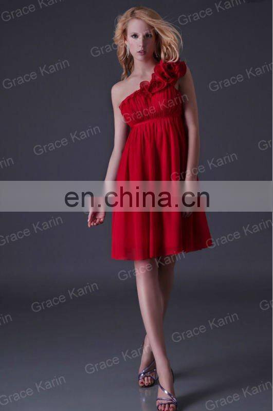 2015 Grace Karin Chiffon One Shoulder Short Red Bridesmaid Dress CL3476