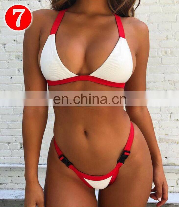 RST new fashion style ribbed high waist bikini custom logo bikinis 2020 women swimwear beachwear buckle swimwear