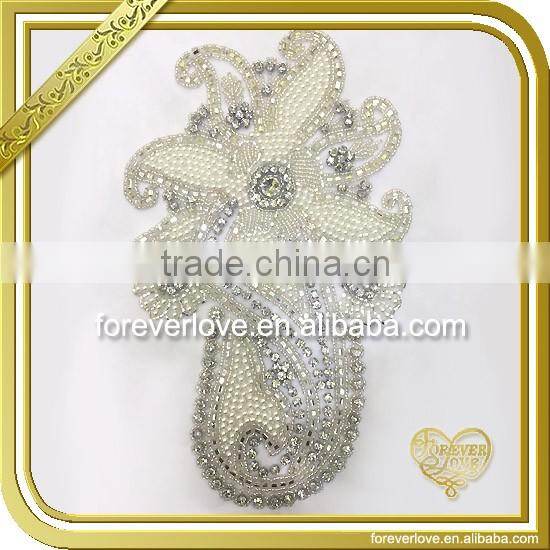 Embroidered bridal fabric pearl beads flower applique with rhinestone FHA-048