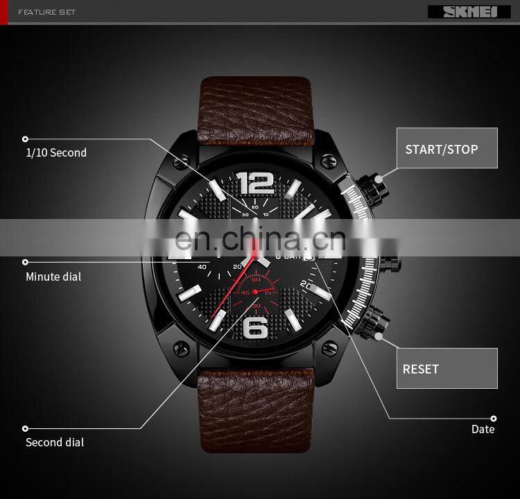 new SKMEI 9190 genuine leather strap 3atm water resistant quartz watch for men