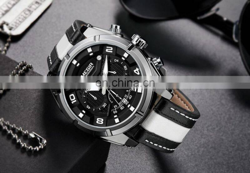 MEGIR 2076 Men'S Fashion Casual Quartz Movement Auto Date Leather Band Analog Watch Band Leather