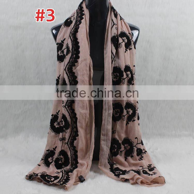 New Style Cotton Viscose Beautiful Flower Design Embroidery Shawl Scarf