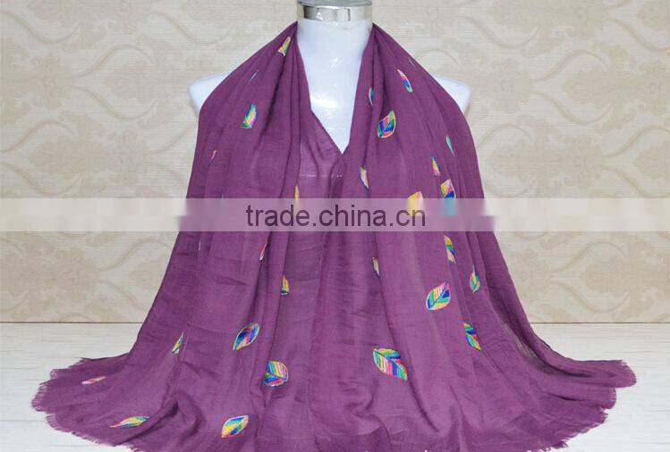 New Style Korea Lady Fashion Cotton 3D Colorful Leaf Embroidery Viscose Shawl