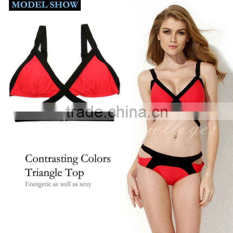 Colloyes 2016 New Sexy Triangle Top Black + Red with Classic Cut Bottom Bikini Swimwear