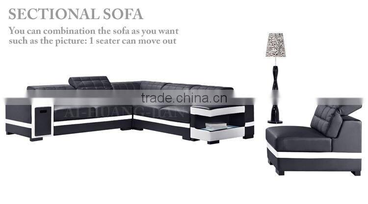 black cheap adjustable backrest sectional leather sofa set with storage and drawer