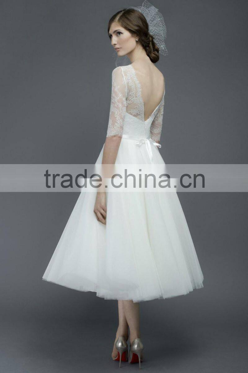 (MY2503) MARRY YOU 2016 Short Wedding Dress Half Sleeve V Back Bodice Elgant Lace Tea Length Wedding Dresses