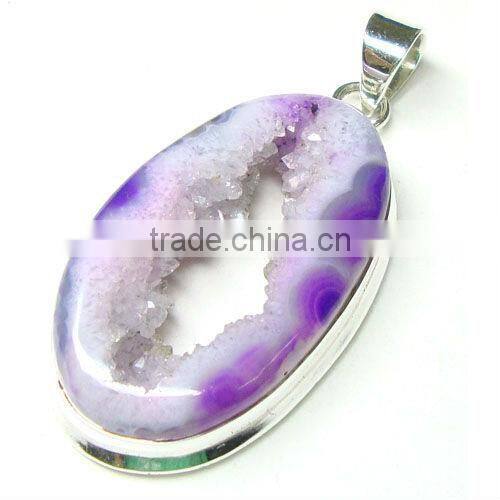 Sterling Silver Faceted Red Colored Ganet & Pink Druzy Pendant