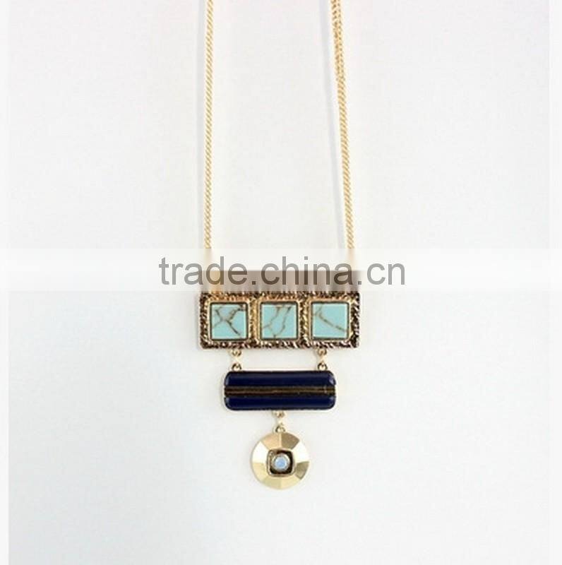 Exaggerated Necklace Jewelry 3 Square Linked Turquoise Handset Arts 2 Color Stone Pendant Necklaces