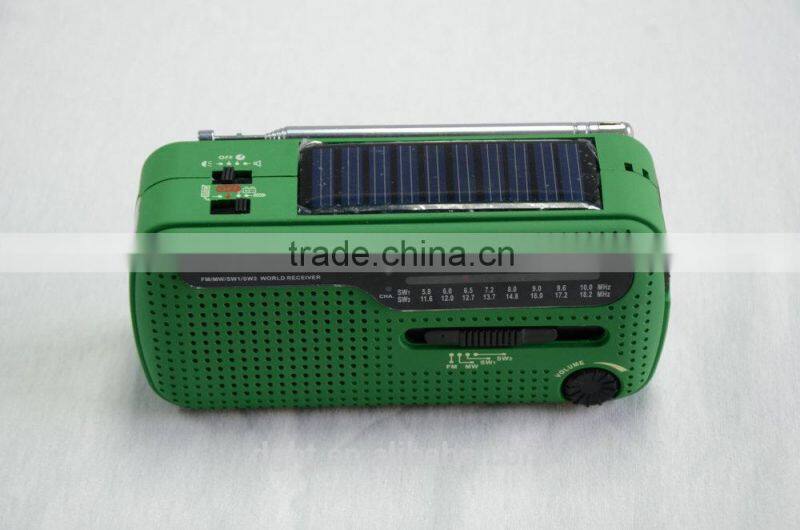 Design solar emergency radio, hand crank to wind up, flashlight, phone charger, green