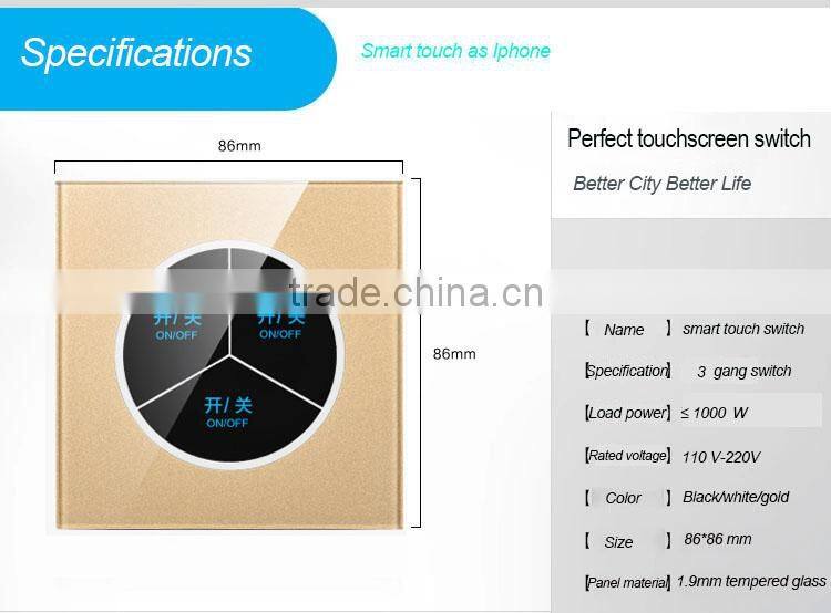 3 gang smart touch screen wall plate light switch 1000w
