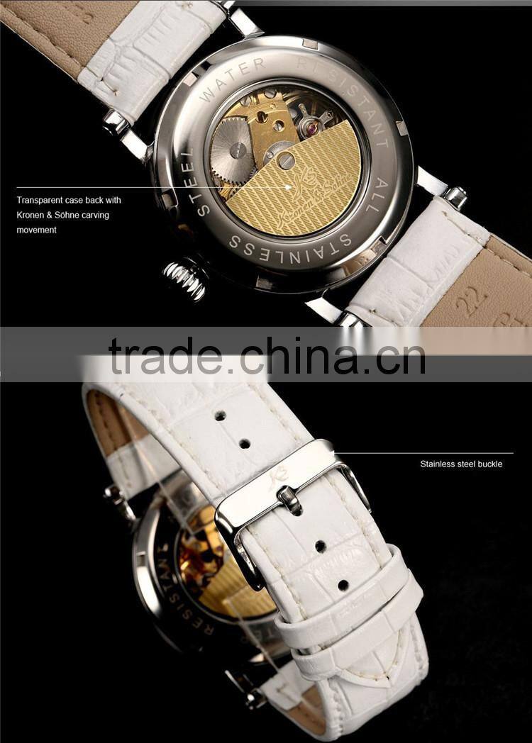 2015 Fashion Roman White Leather Band Skeleton Mechanical Automatic Men Watch