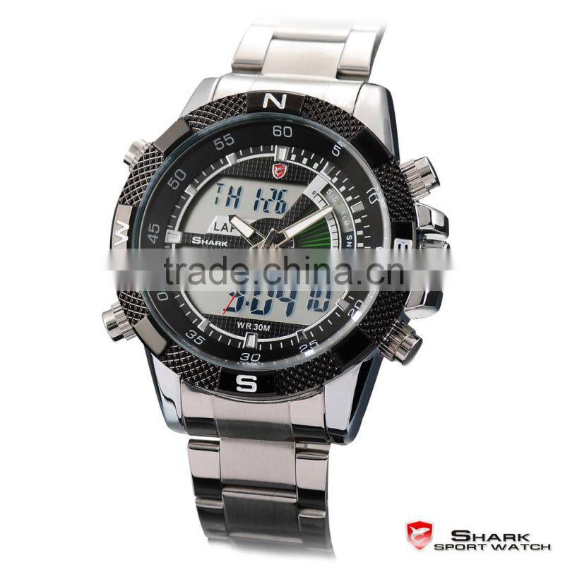 Mens Shark Digital LCD Outdoors Analog Quartz Sport Steel Wrist Watch