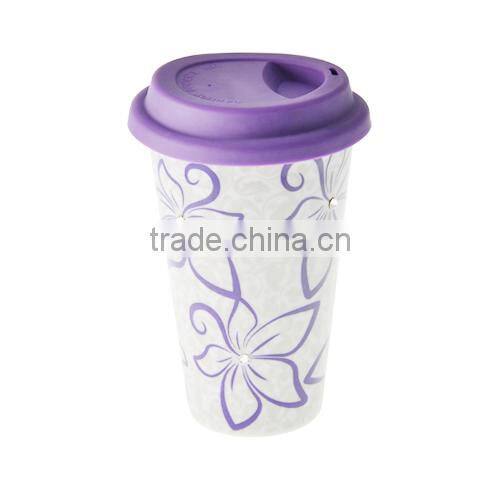 Hot Promotion Gift Ceramic Bauhinia Flower Double Wall Mug with Silicone Lid Made with Crystals