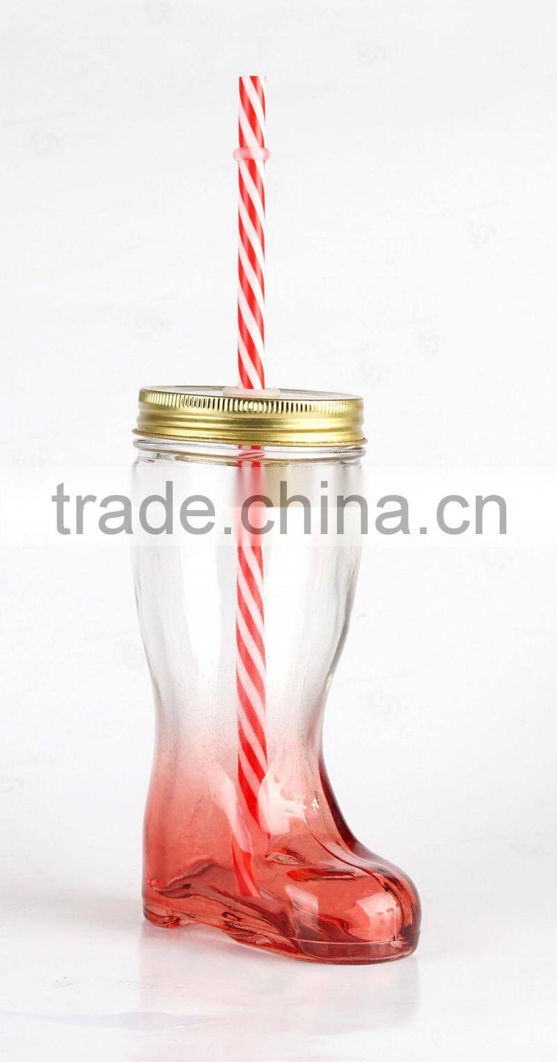 Colorful hot selling boots shape glass jar,juice jar