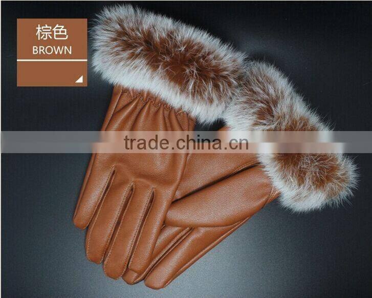 2015 Fashion Winter Leather Gloves Women Fur Gloves Ladies Leather Gloves