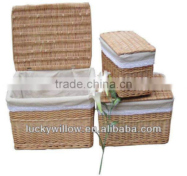 3/s rectangle willow storage boxes with removable lids&lining