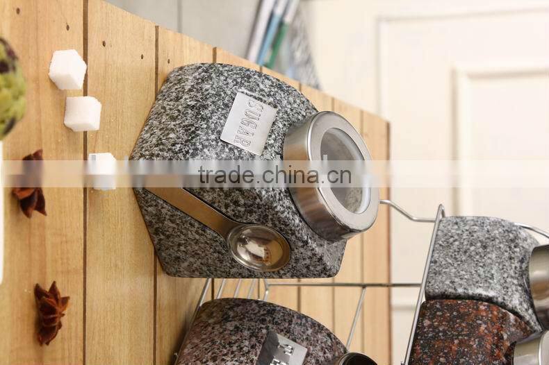 ceramic canister set with stainless metal spoon, lid & stand