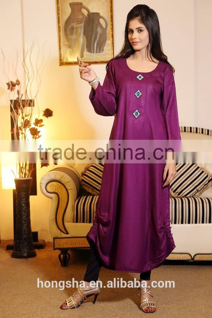 Pakistani Purple Kurti With Front Neck Diamante Buttons Designs HSd7078