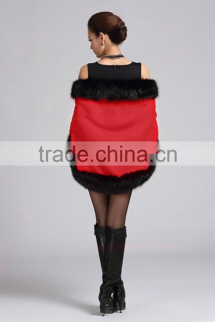 2015 winter fashion knitting with faux fox fur shawl woman cape