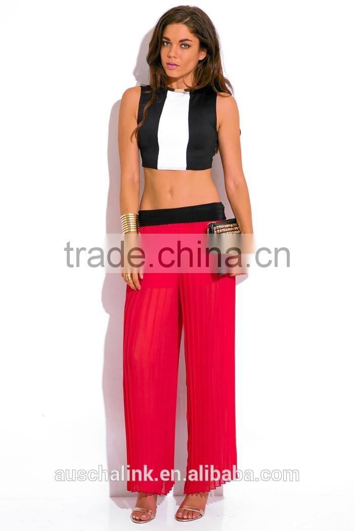 hot sale lady red pleated chiffon wide leg pants wholesale