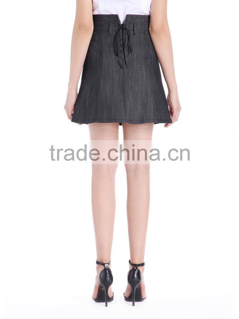 Latest stretch raw black denim high waisted flared skirt a line short skirts for women