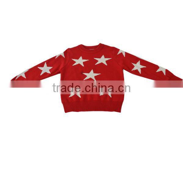 Girl's cotton two-stone jacquard long sleeve pullover sweater