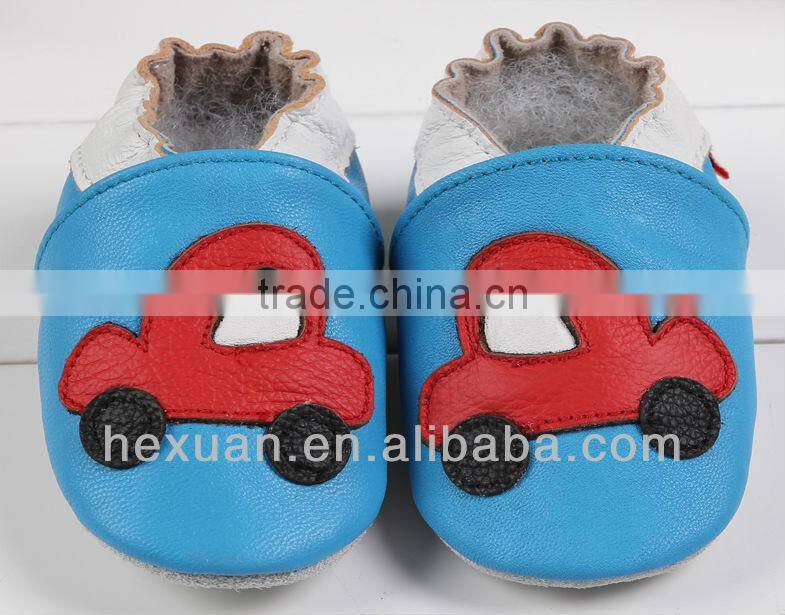 Hot selling lovely Blue leather baby shoes with Red Car