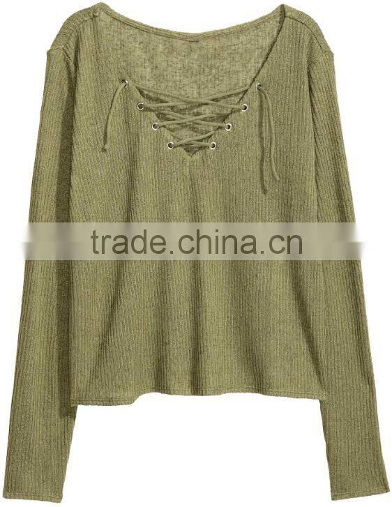 Ladies Wearing Hand Knitted Wool Sweaters with Lacing V-Neck Design