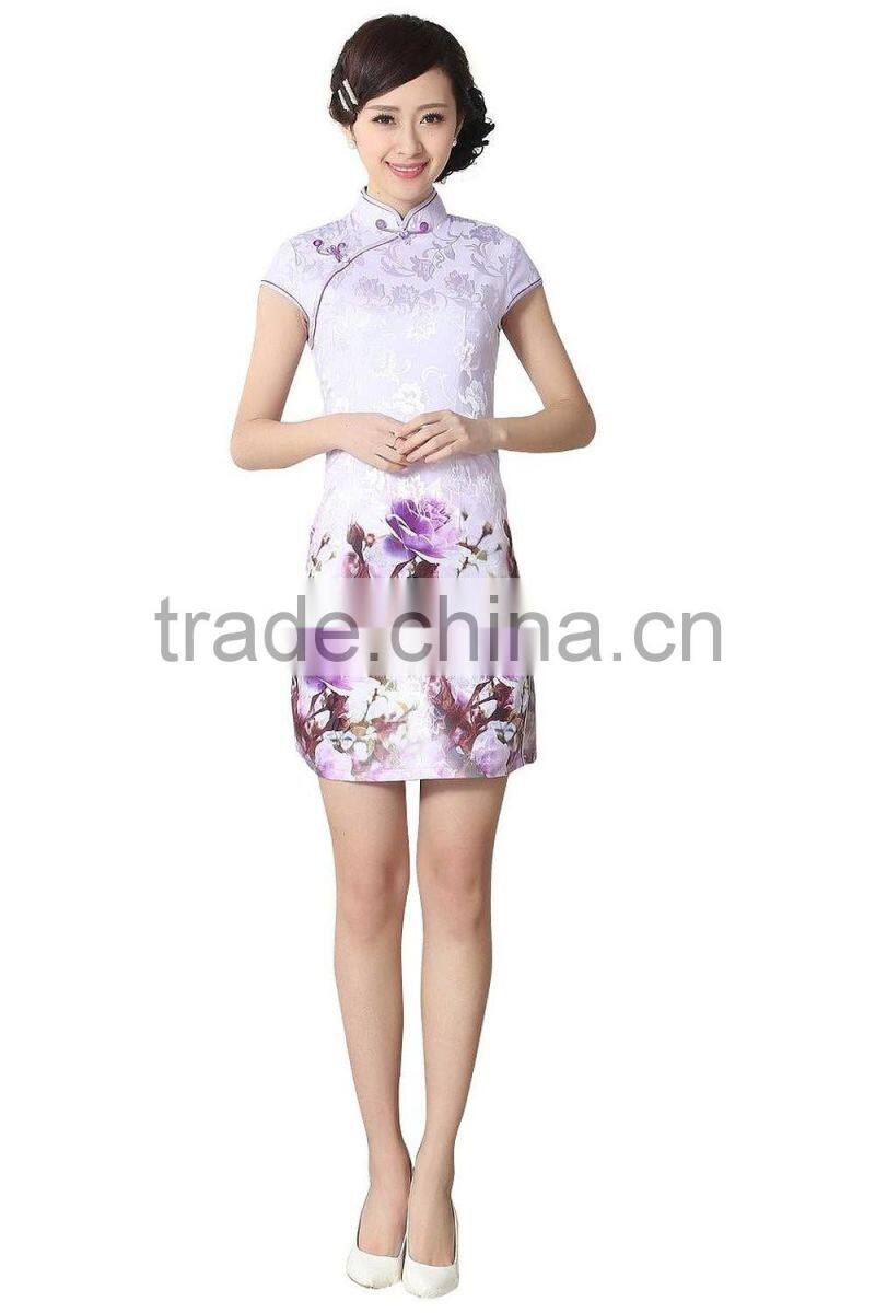 Ladies 100% cotton short sleeve reformative Chinese traditional elegant qipao dress