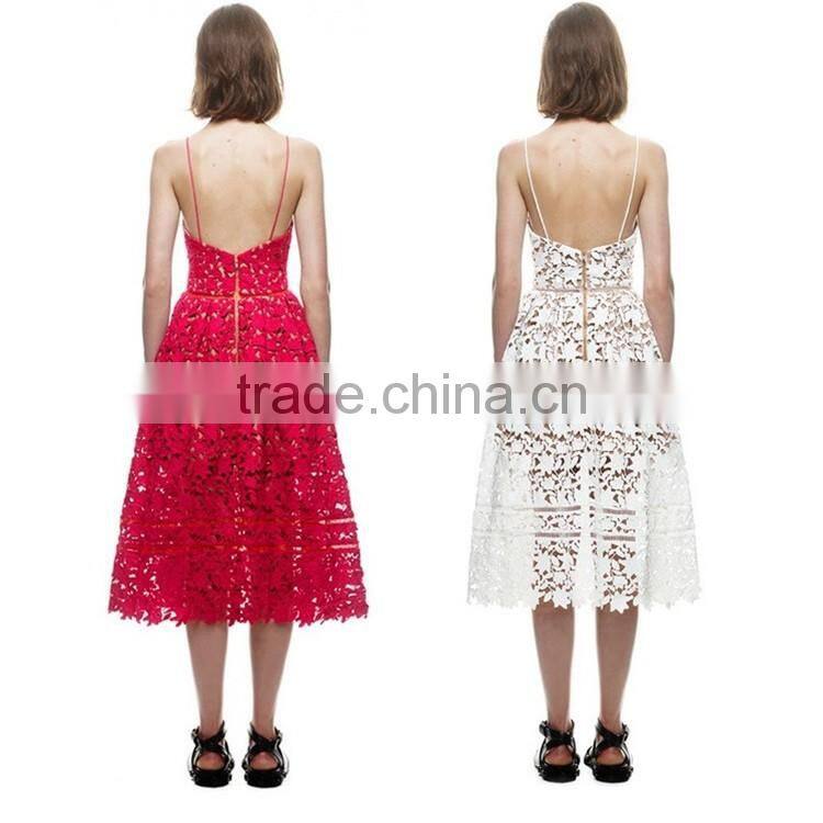 2016 Lastest design fashion dress spaghetti strap empty lace over body knee length OEM