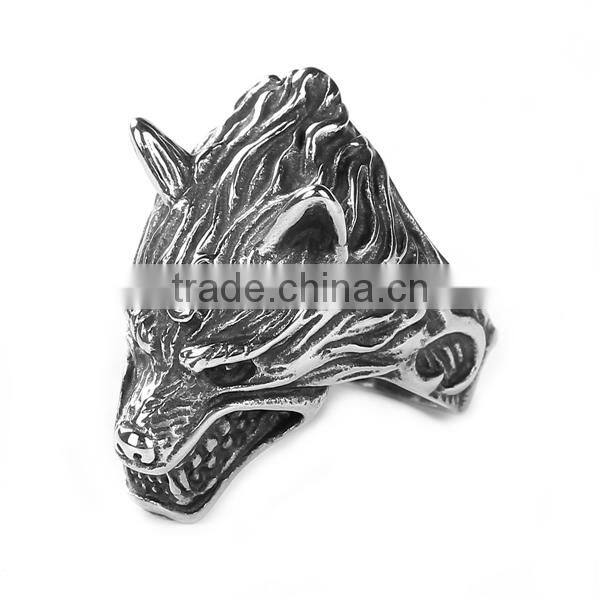 Stainless Steel Unadjustable Rings Antique Silver Wolf