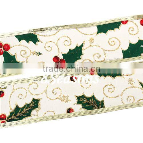 Yellow Golden Tree Pattern Organza Ribbon For Christmas Decoration 5.0cm