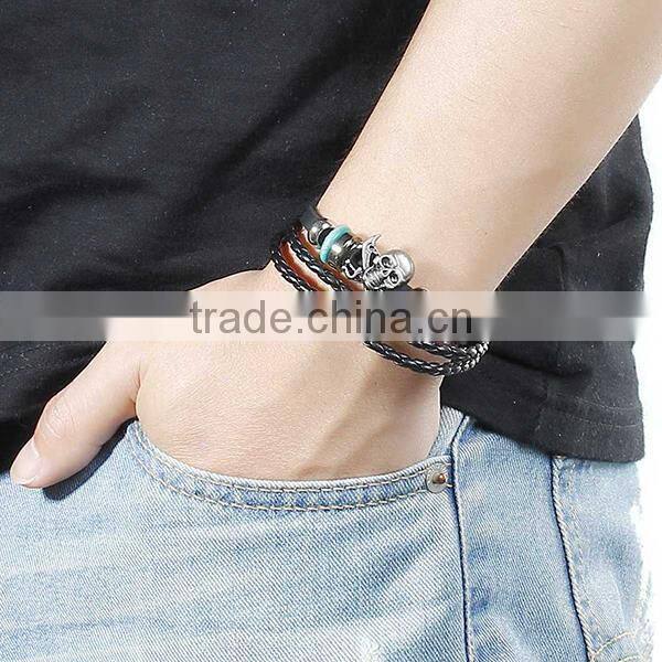 New Fashion Black Cord Silver Tone & Green Beads Gunmetal Halloween Skull Cowhide Multilayer Bracelets