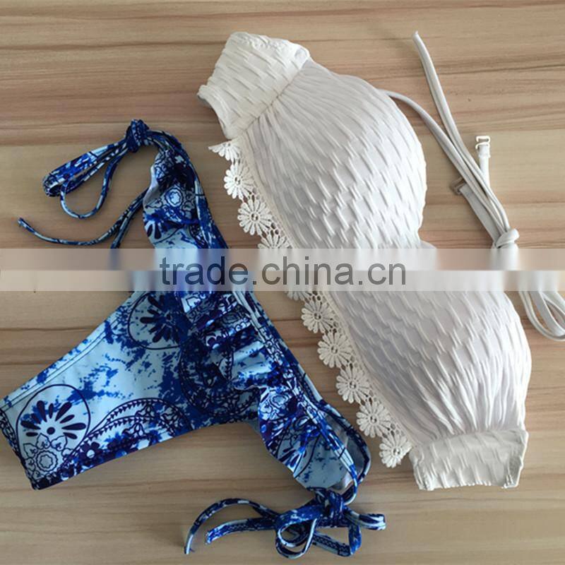 blue lace cutout swimwear bikini/ mzyg halter bikini swimwear/ fancy bikini set swimwear beachwear