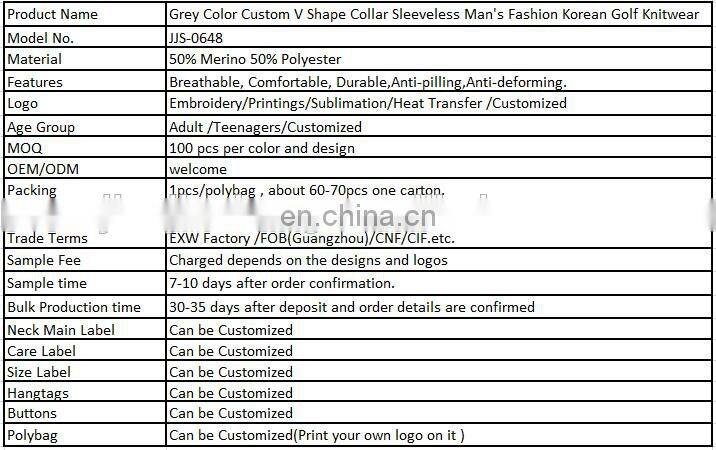 Grey Color Custom V Shape Collar Sleeveless Man's Fashion Korean Golf Knitwear