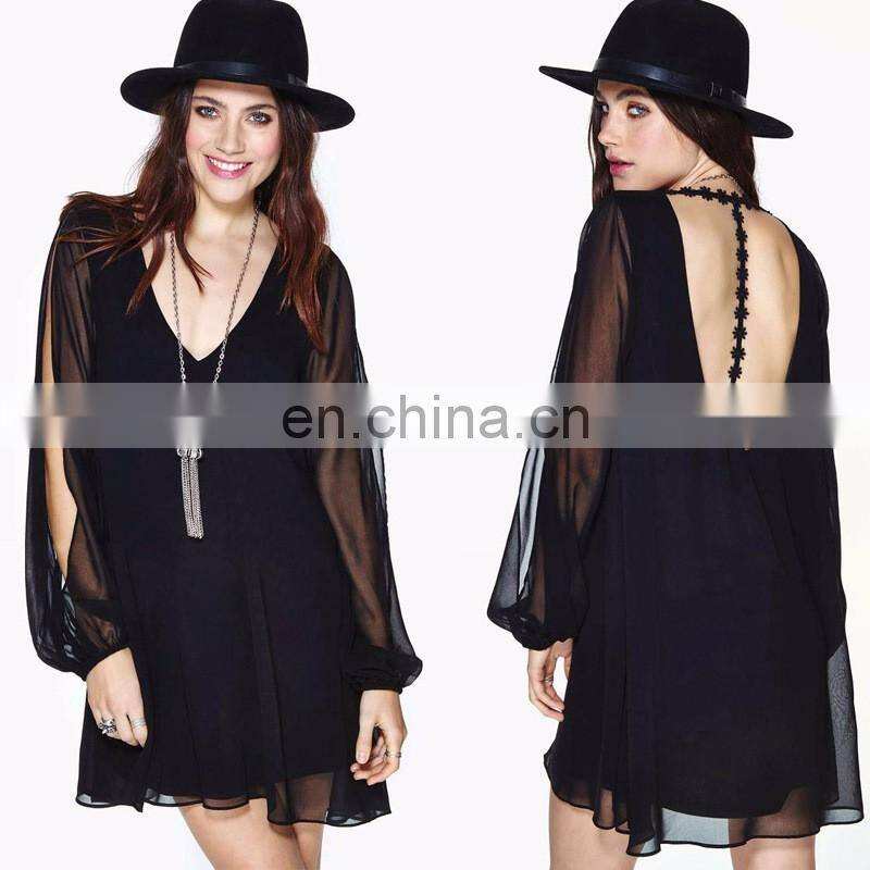 Long sleeves Black sexy back open dress for woman with lace trim