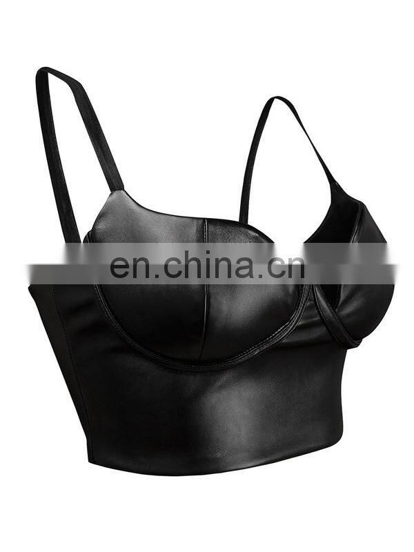 Amigo 2017 new design Black strap sexy leather crop top for big boobs women
