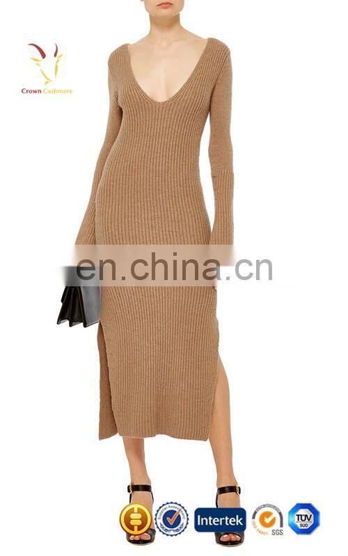 Tan V Neck Cashmere Sweater Dresses for Women