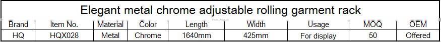 Elegant metal chrome adjustable rolling garment rack