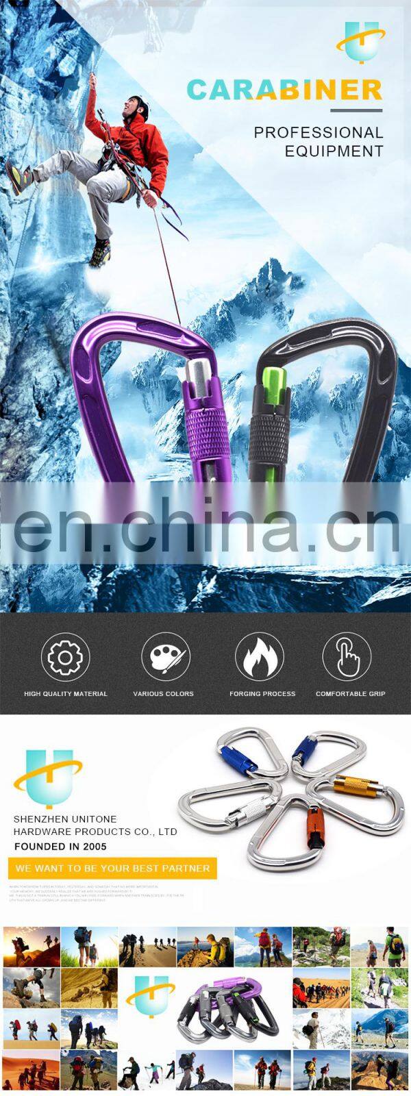 80*8mm D type Safety Carabiner, 24KN snap hook spring hook plated Black Coated, wire gate hook