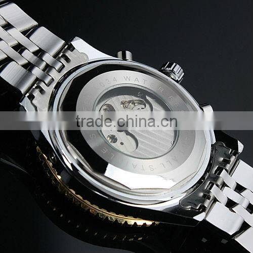 ESS Men Gent Black Tourbillon Date Golden Case Aviator Mechanical Watch WM194
