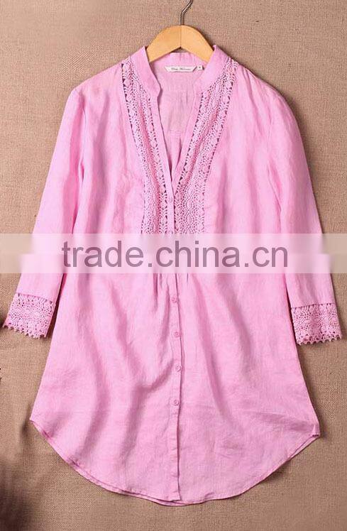ladies' soft linen shirt plain dye fabric blouse long sleeve lace ornament top